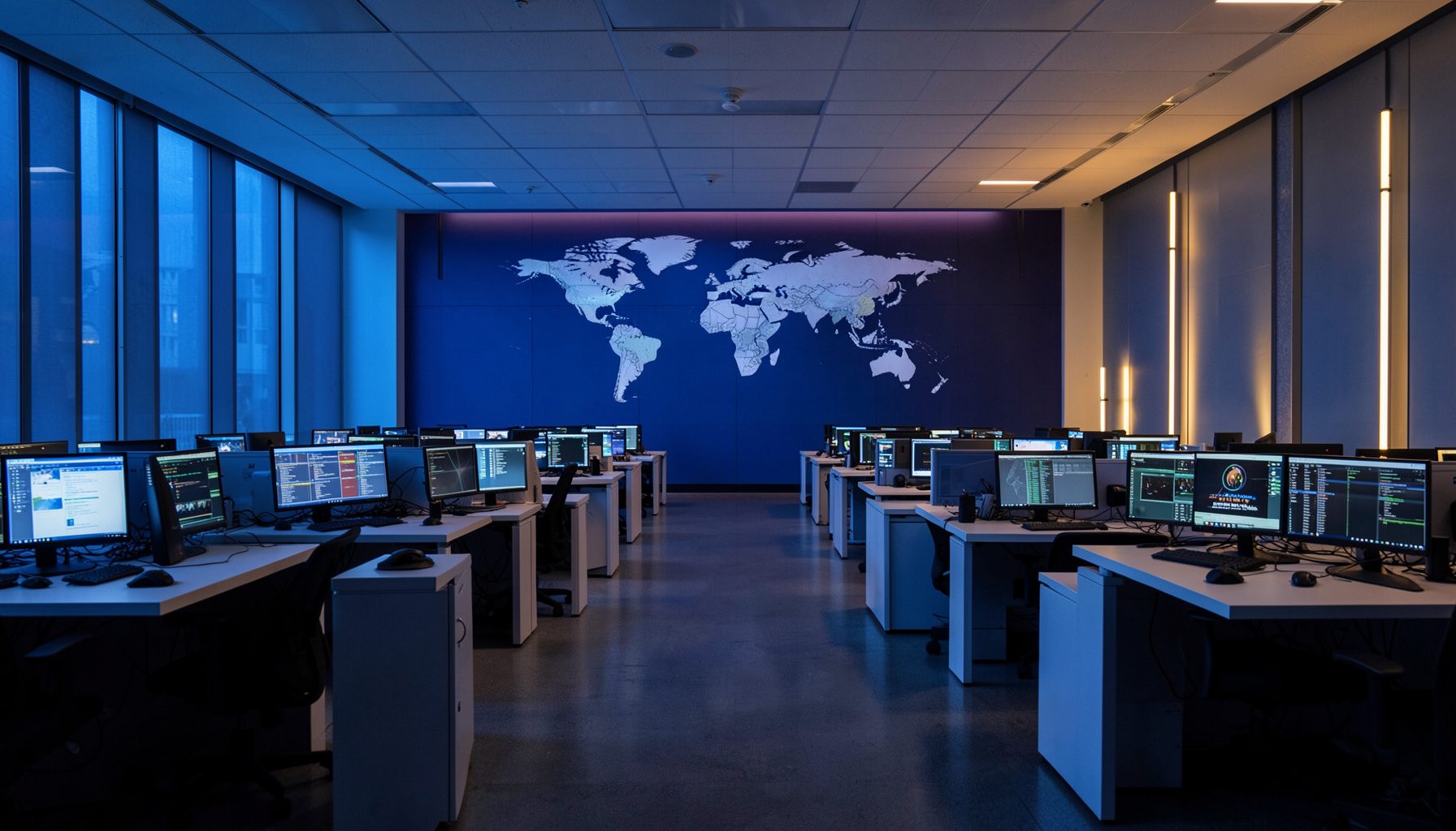 A wide newsroom interior with rows of desks, glowing monitor screens, and a large world map on the back wall, bathed in cool blue and warm amber light, conveying a serious broadcast atmosphere.