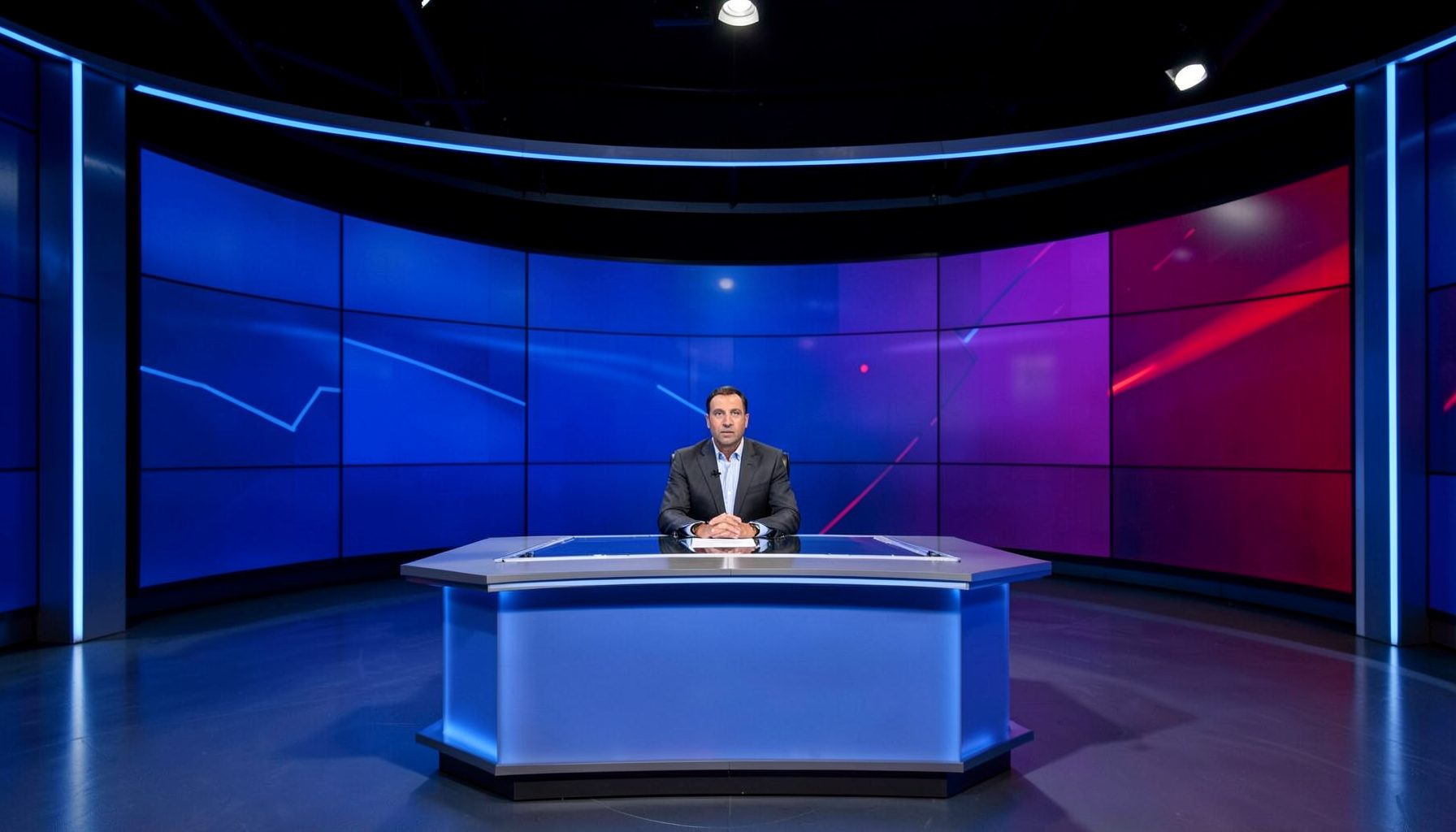A television news studio with a large curved LED screen displaying election graphics in deep blue and red tones, with a sleek anchor desk in the foreground.