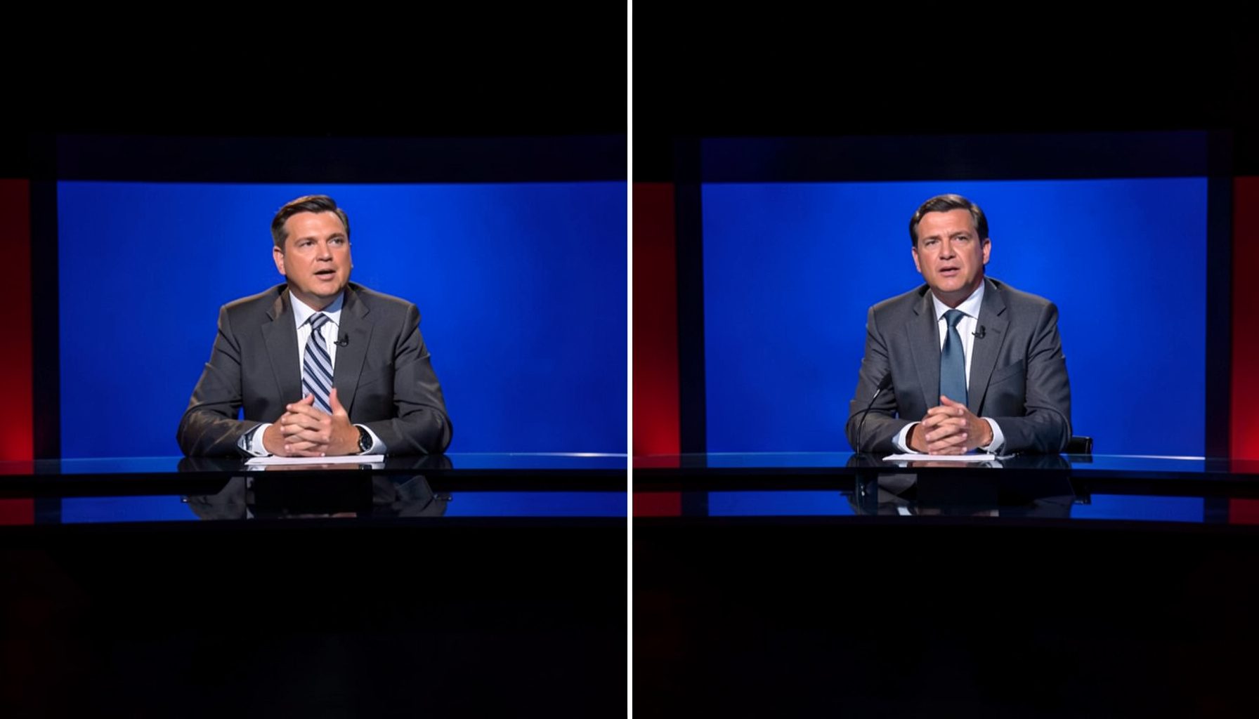 A split-screen news debate setup with two commentators visible on large monitors, set against a dark studio background with subtle red accent lighting.