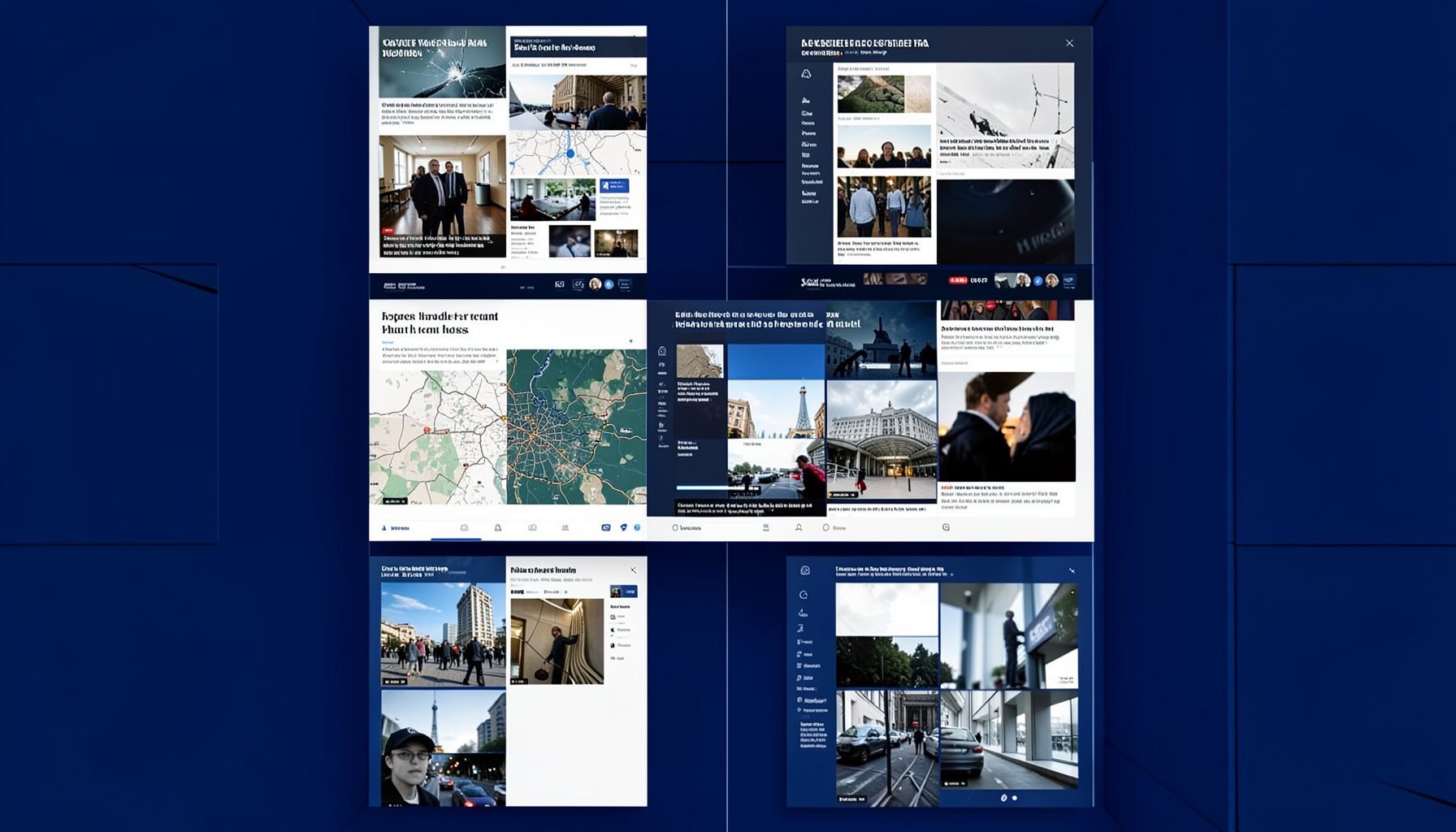 A fast-paced news montage scene with layered screens showing headlines, maps, and live footage, dominated by cool navy and crisp white tones.