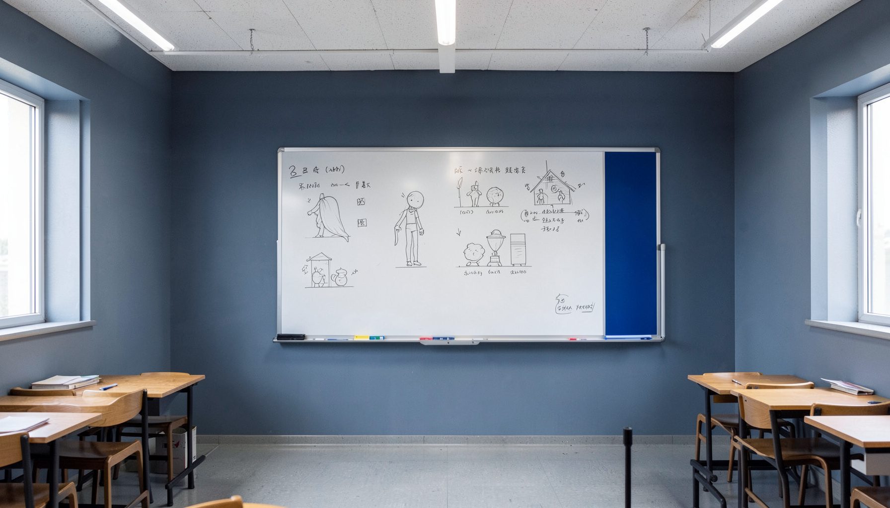 A classroom-style setting with a whiteboard showing diagrams, soft overhead lighting, and muted blue-gray walls.