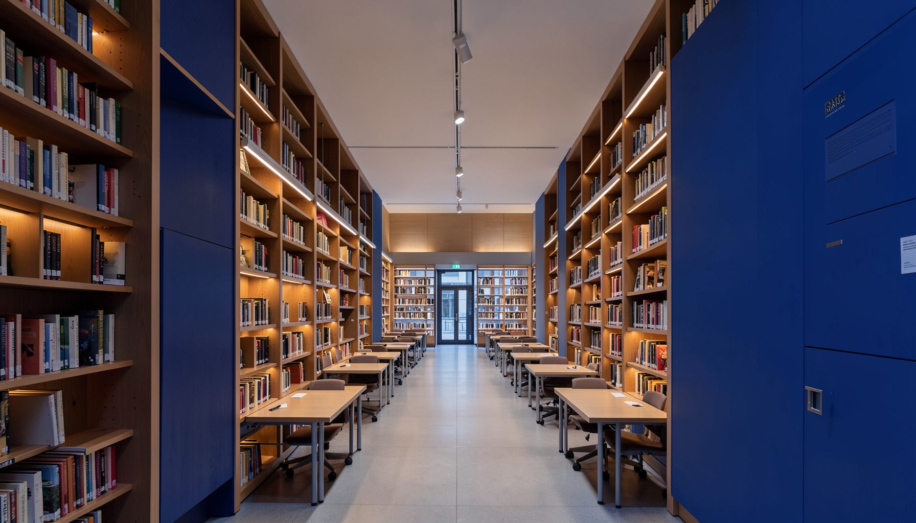 A clean, symmetrical architectural photograph of a modern library interior with tall wooden bookshelves, warm amber lighting, and a quiet reading hall with rows of study desks, conveying a calm scholarly atmosphere.