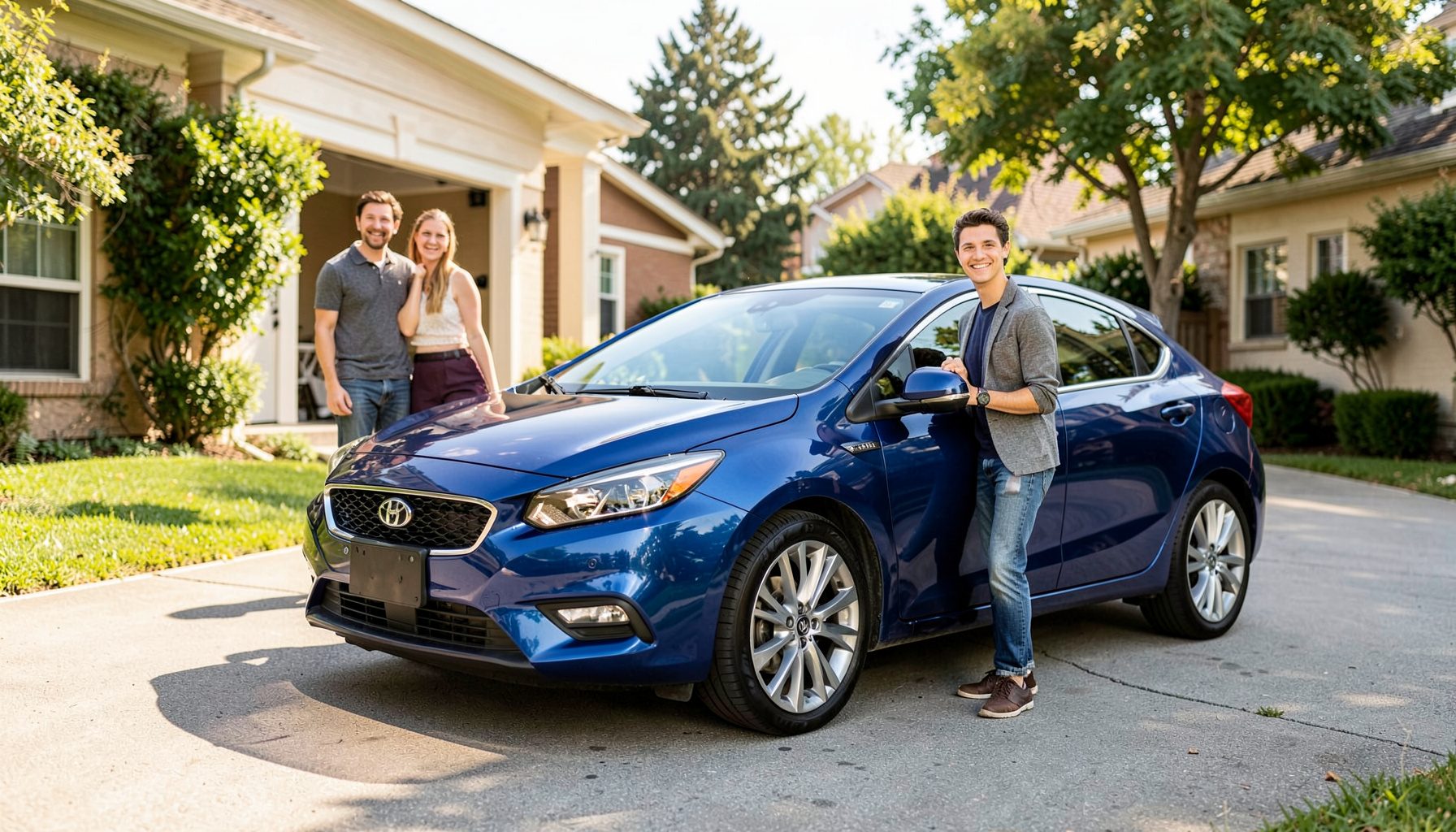 A couple standing beside a shiny new compact sedan in a sunlit suburban driveway, both smiling. The car is a deep metallic blue and the scene feels warm and candid.