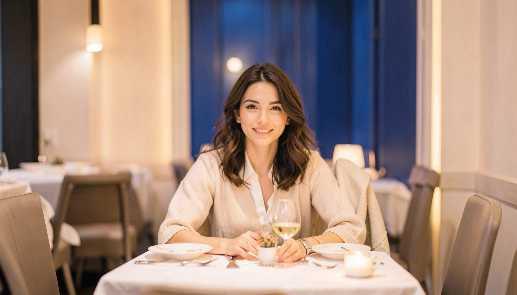 Young woman at a restaurant table, soft ambient lighting, warm blush and ivory palette, lighthearted dating scene