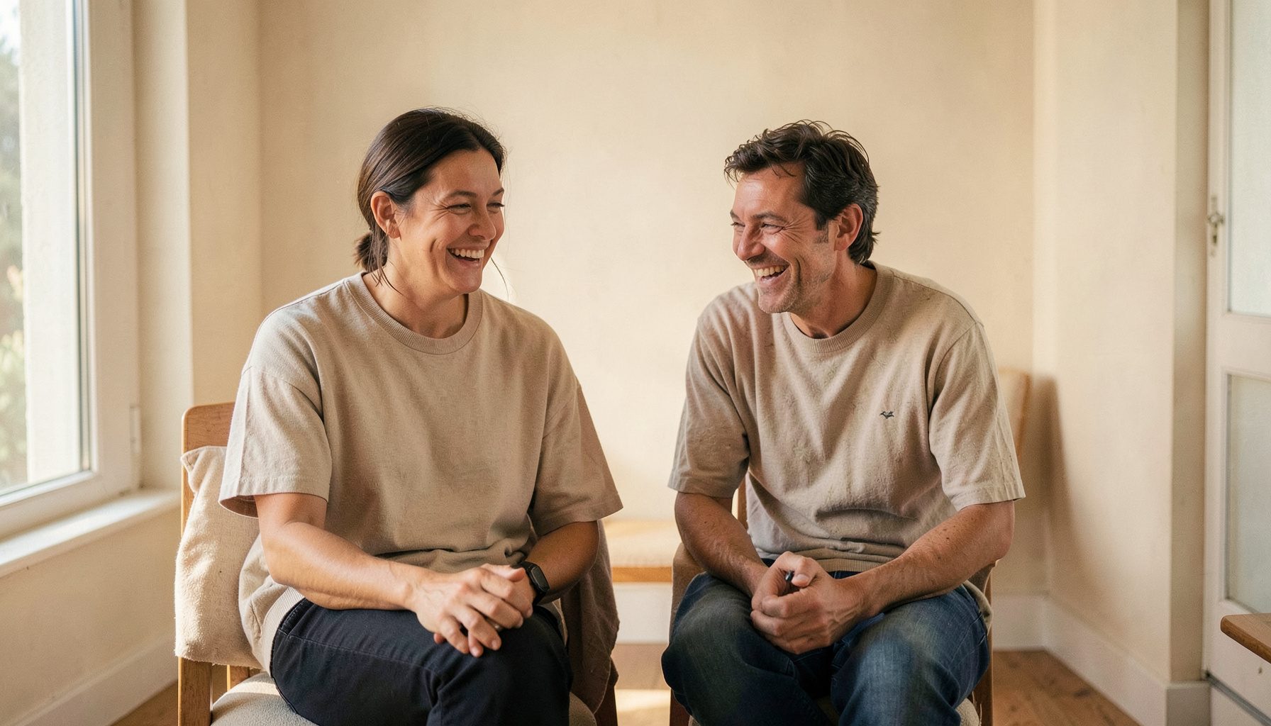Two performers in a casual indoor setting, warm natural light, relaxed comedic scene with soft beige and cream tones