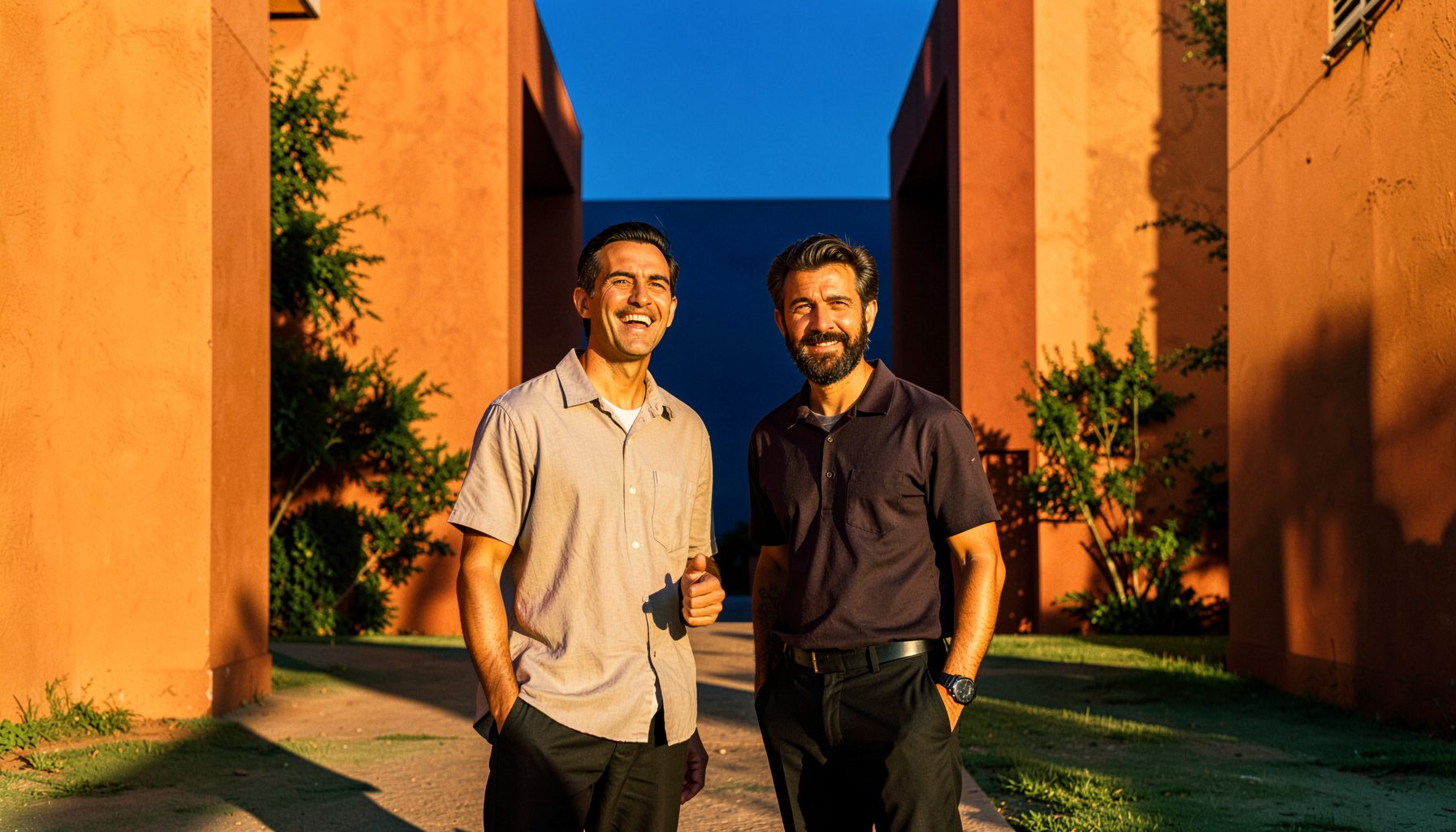 Comedic duo in a vibrant outdoor setting, golden hour sunlight, warm terracotta and green tones