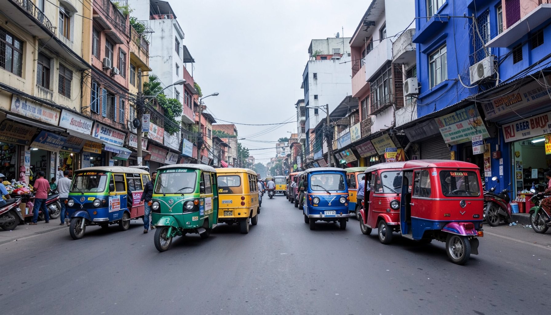 A row of brightly colored auto-rickshaws lined up on a busy Indian street, with shopfronts and pedestrians visible in the background under overcast light.