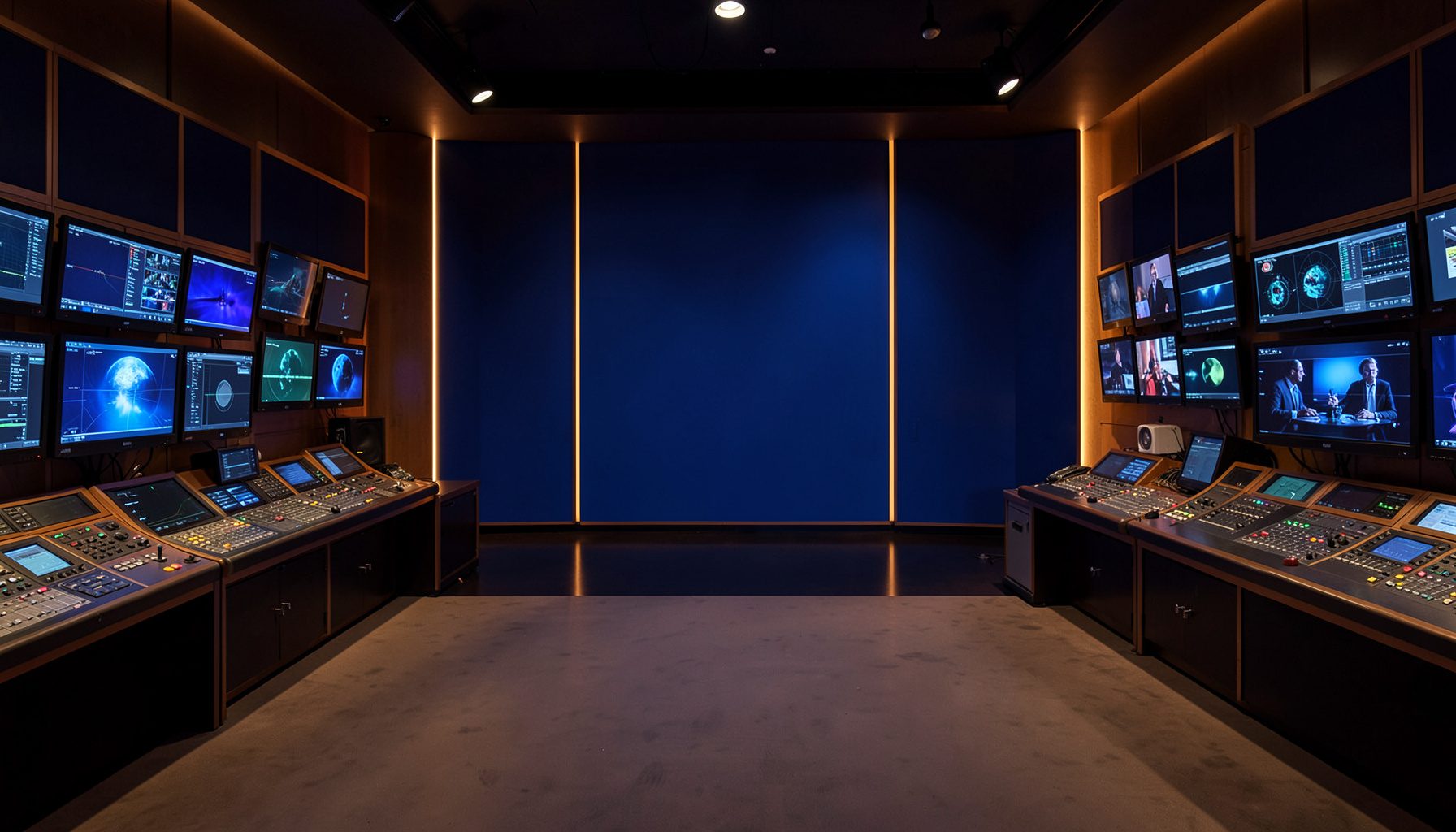 Warmly lit television studio interior with rows of broadcast monitors and symmetrical control panels, deep navy and amber tones