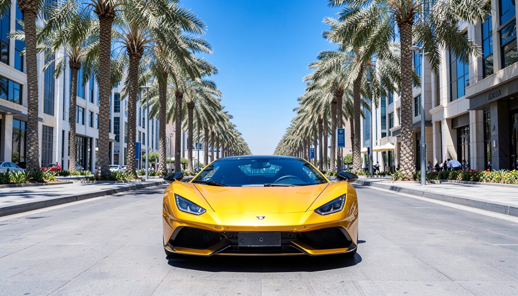 A luxury supercar parked on a palm-lined boulevard in Dubai, its golden paint gleaming under bright midday sun. The composition is centered and clean.