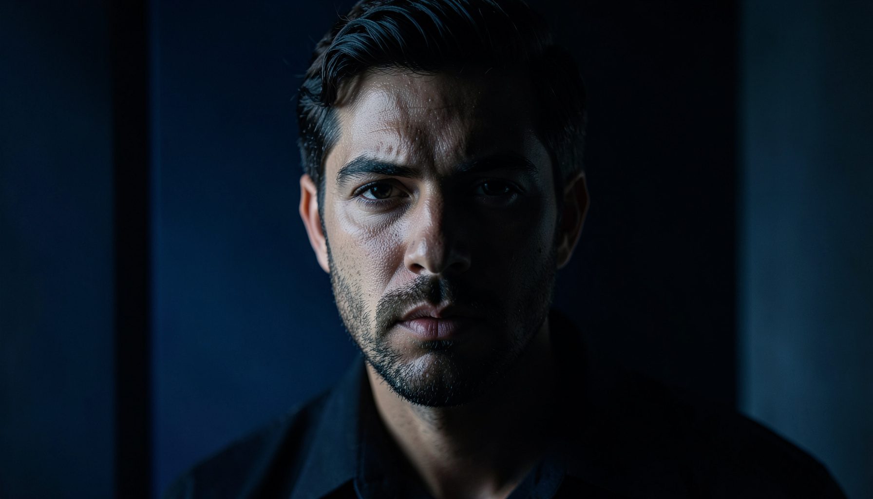 Cinematic teaser frame with dramatic side lighting, deep navy and charcoal tones, intense character close-up