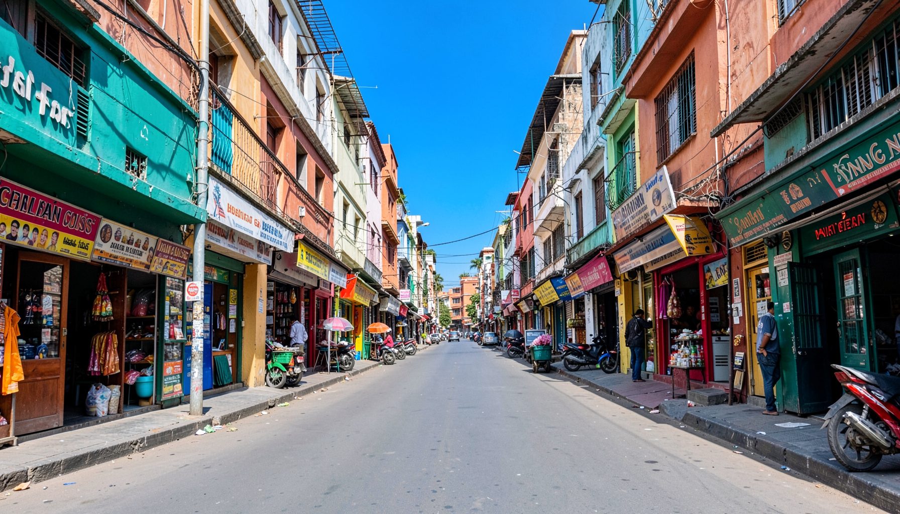 Brightly lit urban street scene in a South Indian city with colorful storefronts and warm midday light, rich teal and terracotta hues